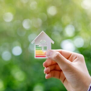 person holding a cutout of a house with eco friendly symbol