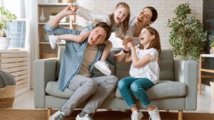 happy family in living room